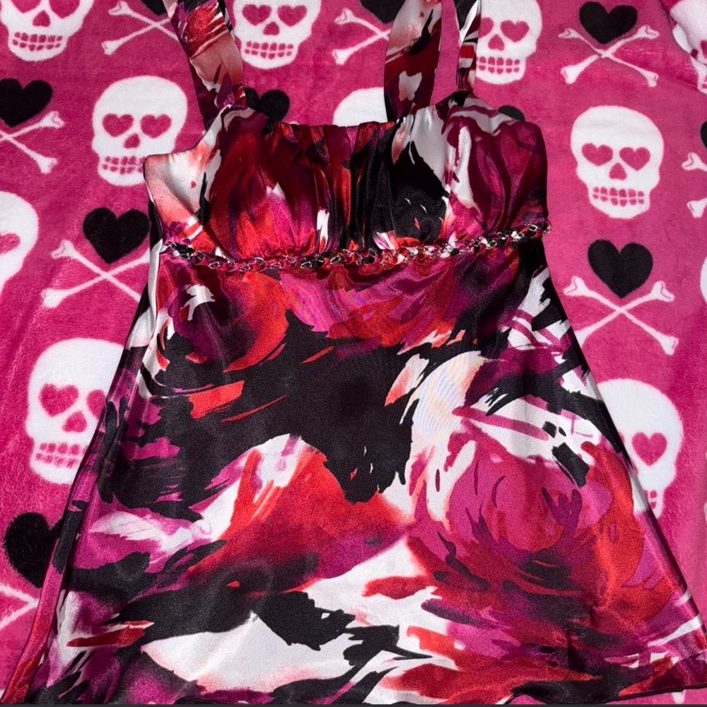 Iz Byer Pink Red Black Floral Halter Camisole
